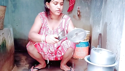 Solo female is alone in the house in red dress and black t-shirt