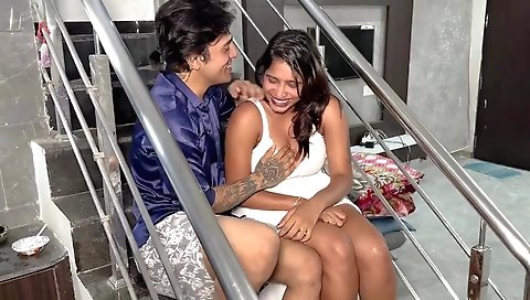 Busty brunette milf with huge tits sucking a big dick