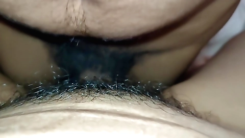 Hairy indian girl with a small booty in bed getting her pussy fucked