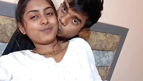 A brunette with big natural boobs is making love with her lover