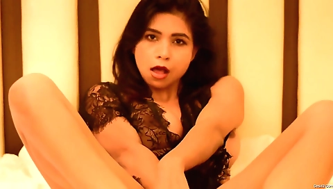 Brunette chick in a black dress gets her pussy fucked