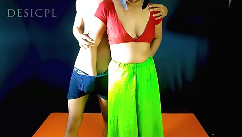 Buxom brunette babe is teased in her amateur threesome sex clip