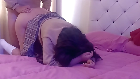 Small boobed slut in red shorts has a creampied ass