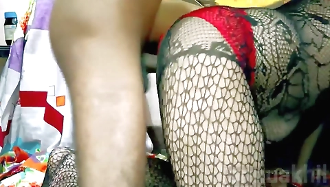 Cute brunette milf in stockings seducing her partner