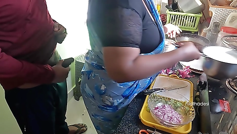 Indian brunette with big tits fucked in the kitchen