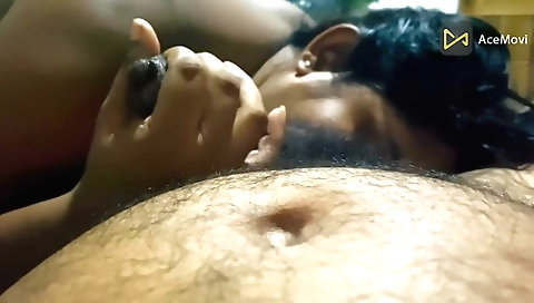 Girl with small boobs is having a handjob on her lover