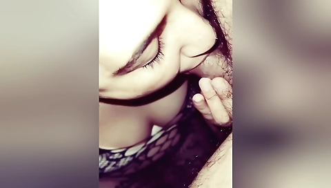 Hot amateur brunette with big tits sucking on her husband's dick