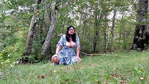 Brunette milf with big tits and natural tits fucked outdoors